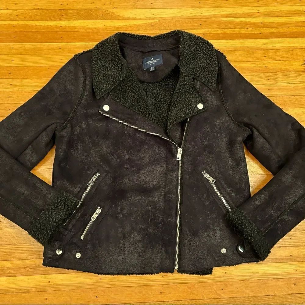 American Eagle Faux Suede Textile Moto Jacket Black